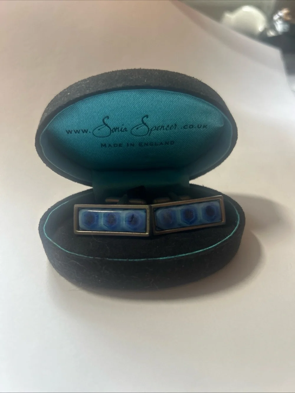 Sonia Spencer Bullet Back Cufflinks Mens Blue Enamel Rectangular Made in England